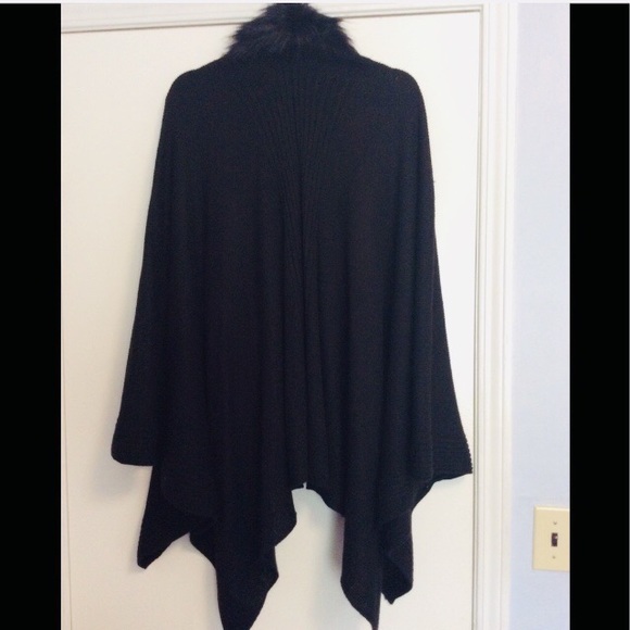 INC Women's Black Faux-Fur-Collar Poncho Sweater - Picture 7 of 7